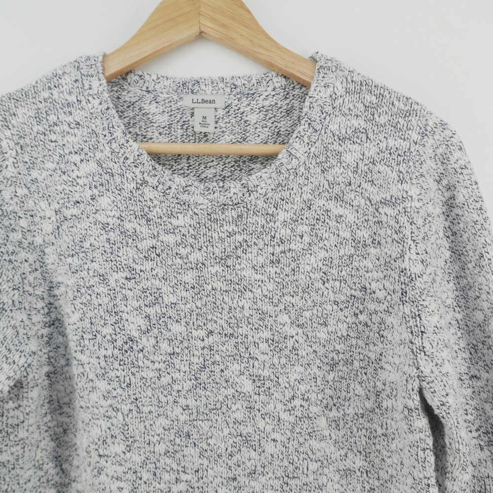 LL Bean Sweater Womens M Blue White Marled Cotton Crewneck Pullover 501067